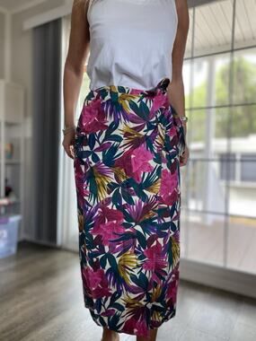 BENTLEY ARBUCKLE Tropical Print Pink Green Buckle Wrap Skirt maxi Cotton 6